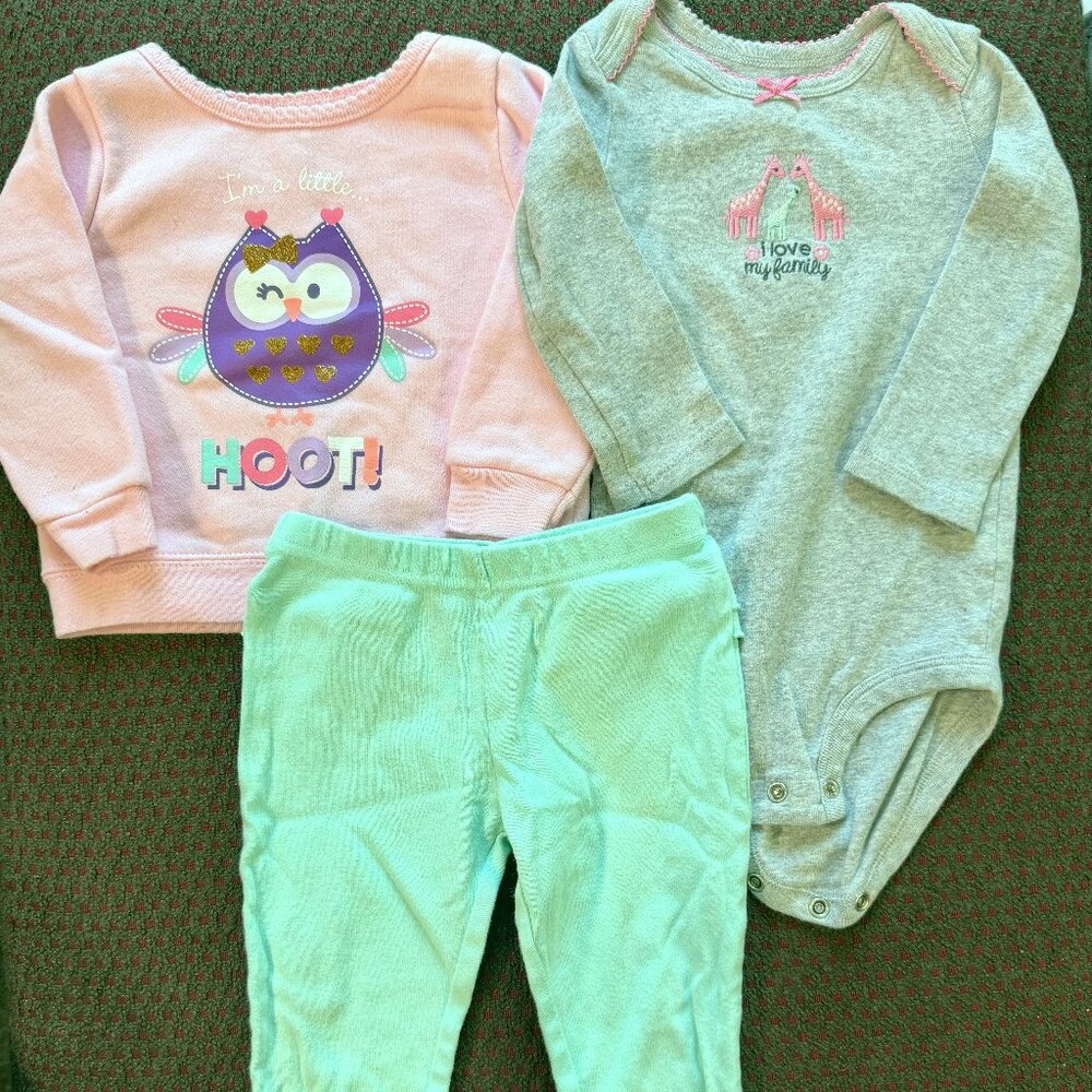 Garanimals Simple Joys 6-9M 3pc Bundle Owl Hoot Sweatshirt Onesie Pants Mint